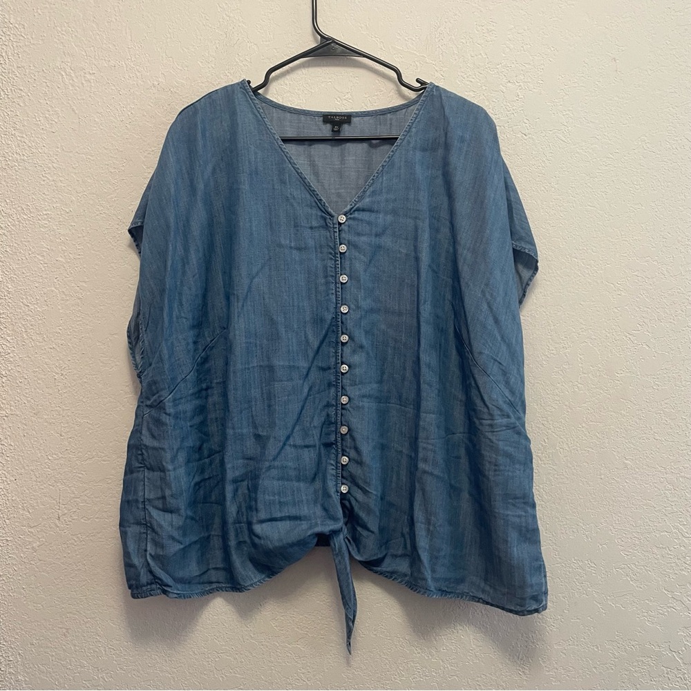 Talbots Chambray Denim Button Front Tie Waist Short Sleeve Blouse Top Size 3X